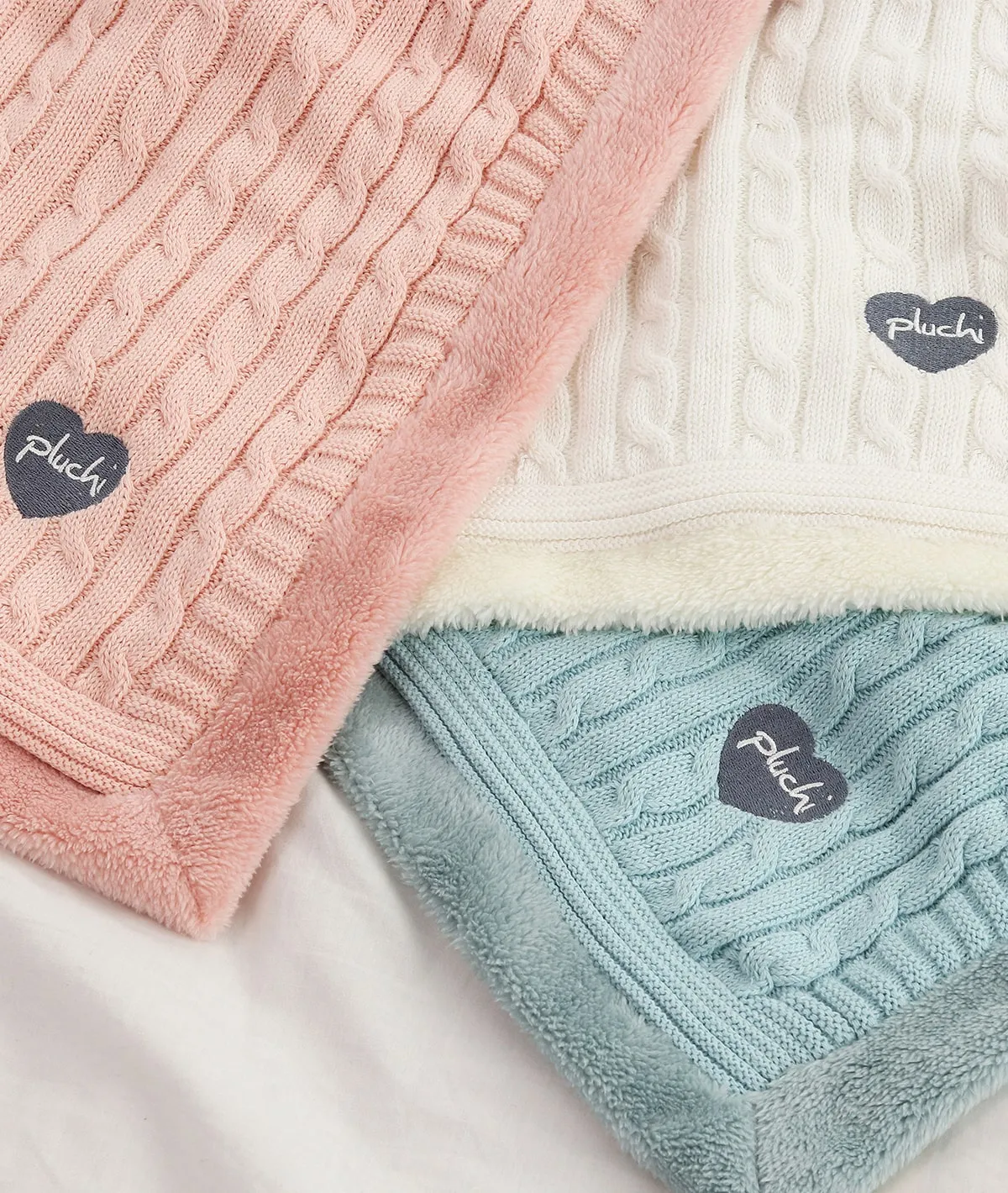 Cable Knit with Embroidered Heart- Baby Blue Cotton Knitted Blanket With Faux Fur Back For Babies