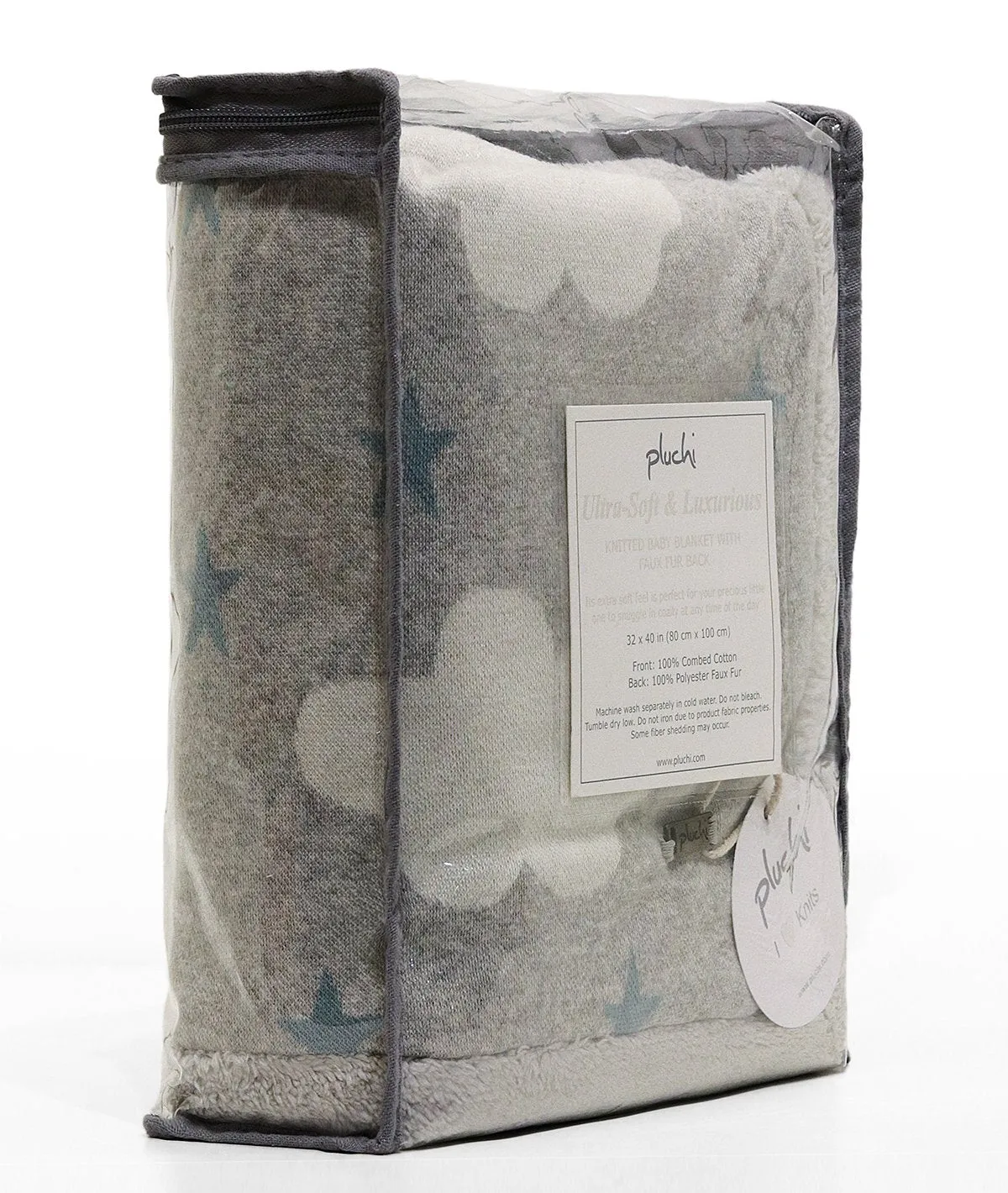 Clouds & Stars - Vanilla Grey Cotton Knitted Blanket with Faux Fur Back for Babies