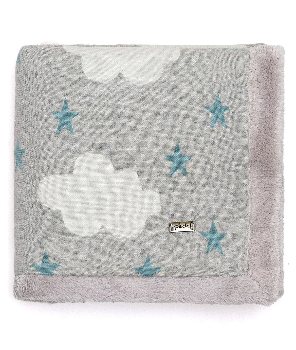 Clouds & Stars - Vanilla Grey Cotton Knitted Blanket with Faux Fur Back for Babies