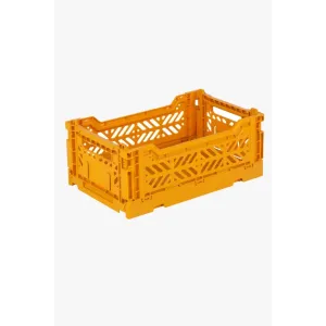 Foldable Storage Bins, Plastic Crate for Storage, Collapsible Crate, Utility Stackable Box Small Mustard