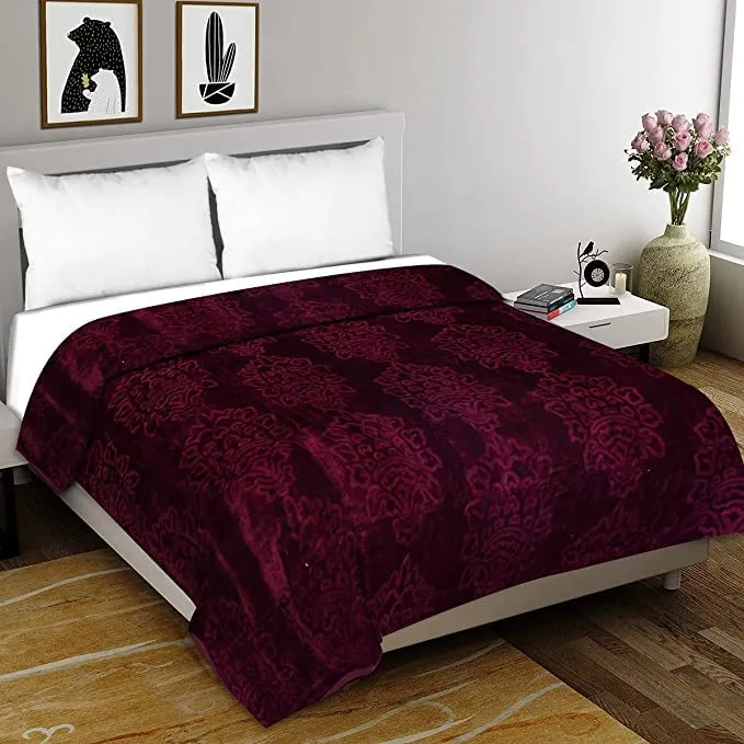 HANUMANT Mink Floral Embossed Super Soft Heavy Bed Velvet for Winter Blanket Quilt (Wine, Single Bed)