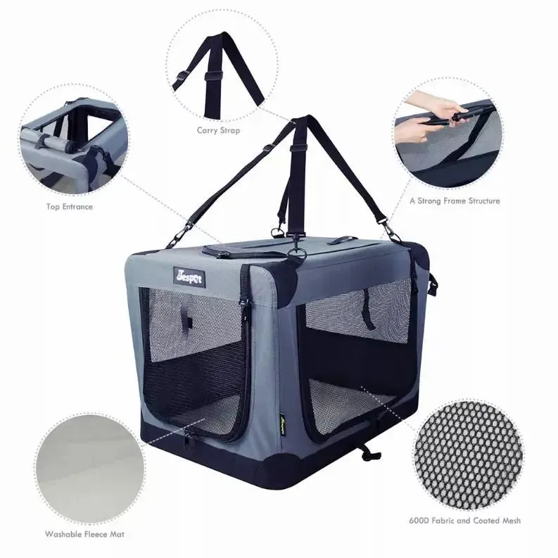 JESPET Soft Pet Crates Kennel, 3 Door Soft Sided Folding Travel Pet Carrier with Straps and Fleece Mat for Dogs, Cats, Rabbits, Indoor/Outdoor Use with Grey, Blue & Beige, Black