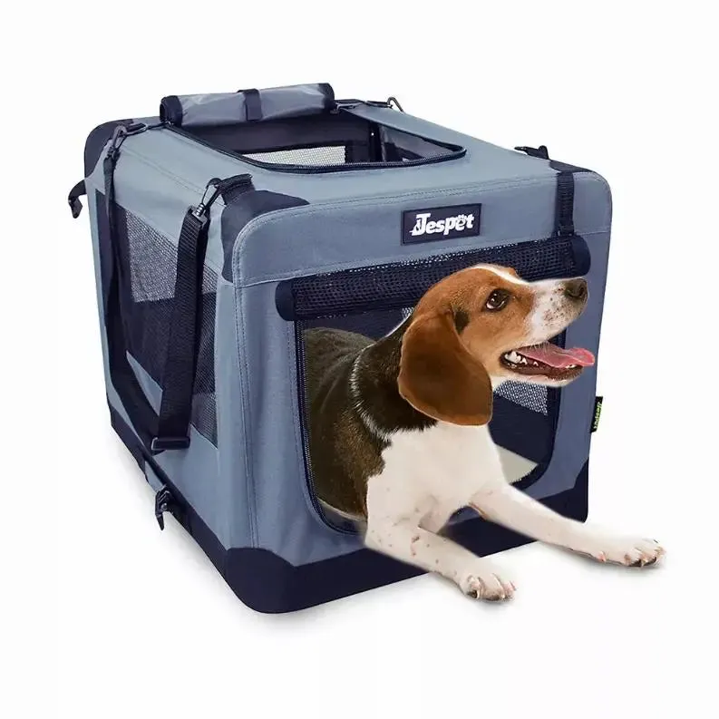 JESPET Soft Pet Crates Kennel, 3 Door Soft Sided Folding Travel Pet Carrier with Straps and Fleece Mat for Dogs, Cats, Rabbits, Indoor/Outdoor Use with Grey, Blue & Beige, Black