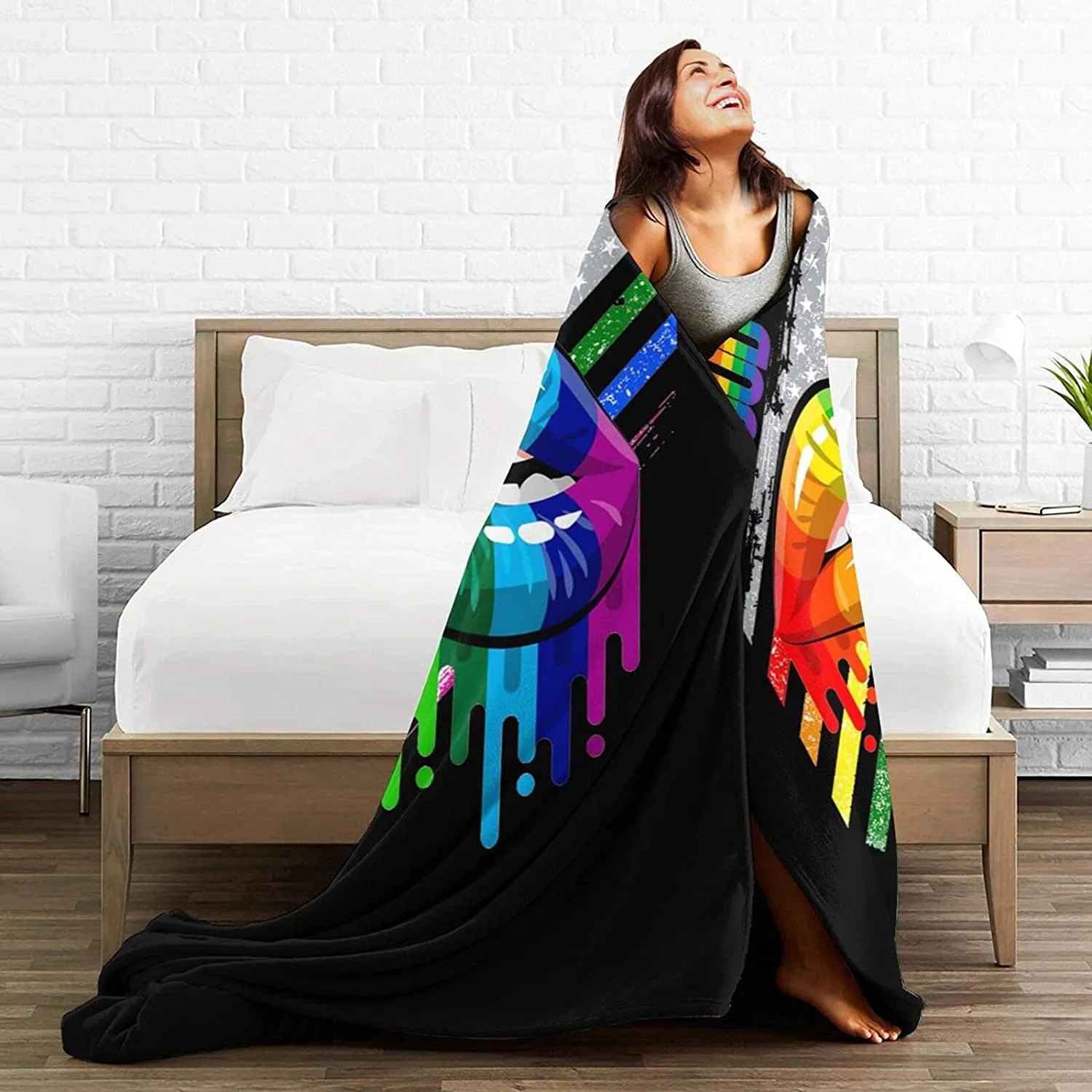 Lesbian Rainbow Lips Pride Flannel Fleece Throw Blankets For Lgbtq Community