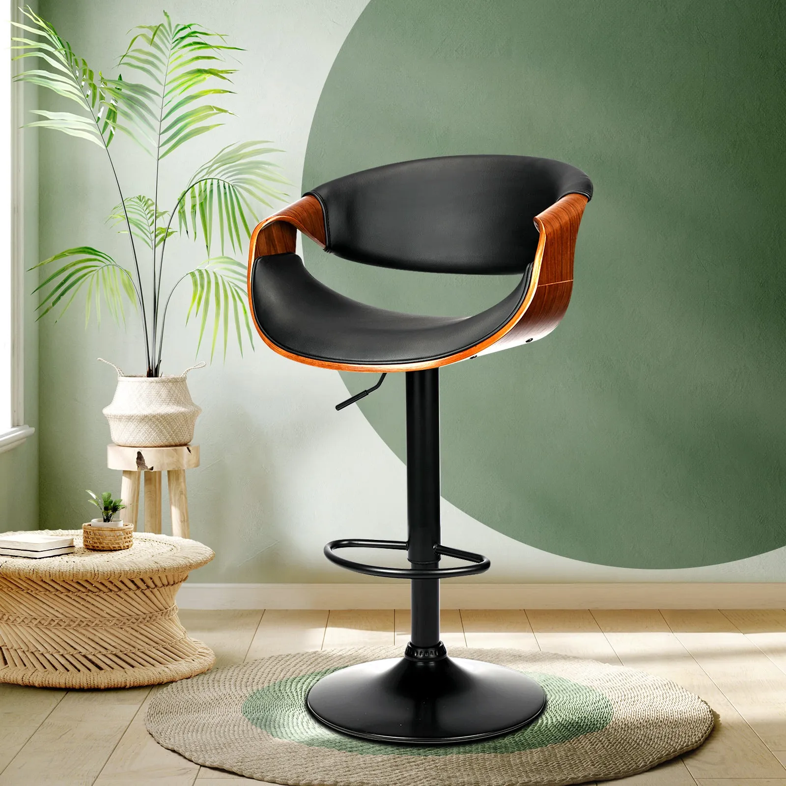 Oikiture Bar Stools Swivel Chair Kitchen Gas Lift Wooden Bar Stool PU Leather x1