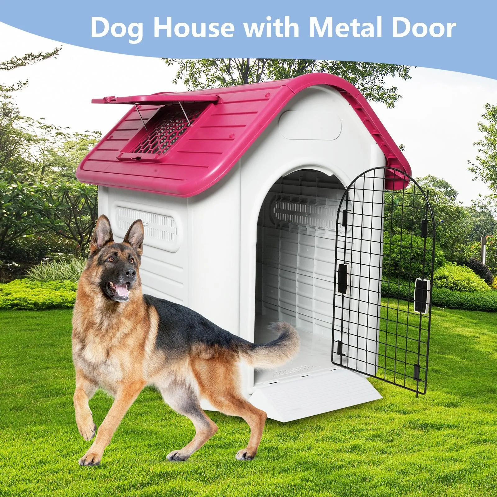 Outdoor Dog House Plastic Waterproof Kennel with Air Vents, 42"L x 33"W x 38"H, Red Roof