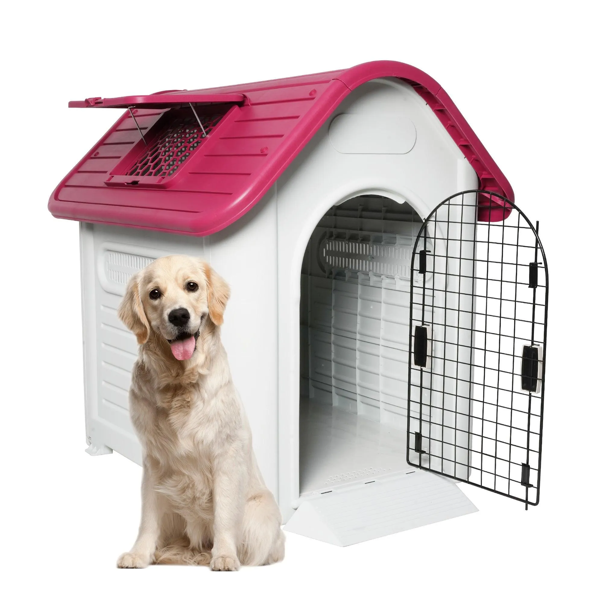 Outdoor Dog House Plastic Waterproof Kennel with Air Vents, 42"L x 33"W x 38"H, Red Roof