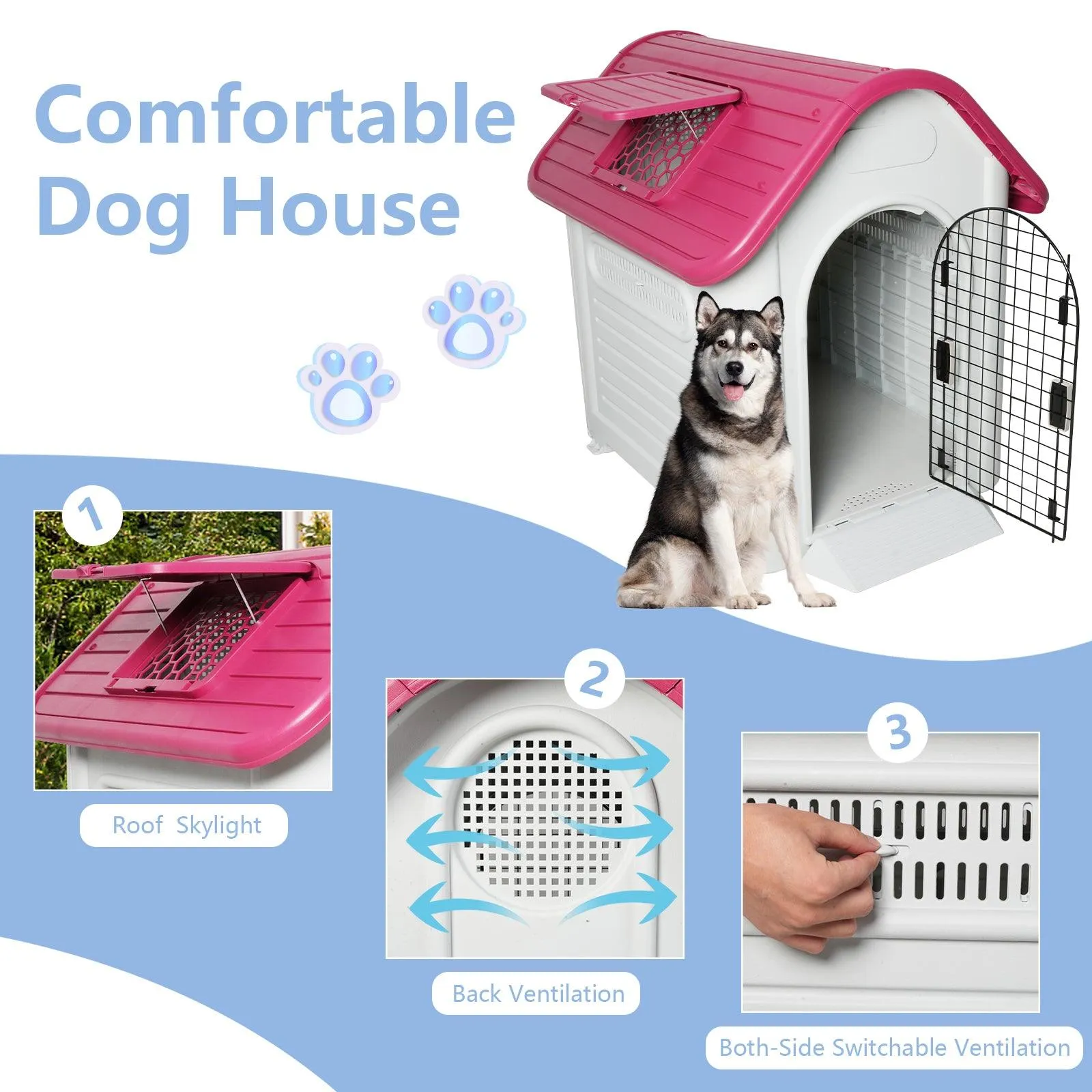 Outdoor Dog House Plastic Waterproof Kennel with Air Vents, 42"L x 33"W x 38"H, Red Roof