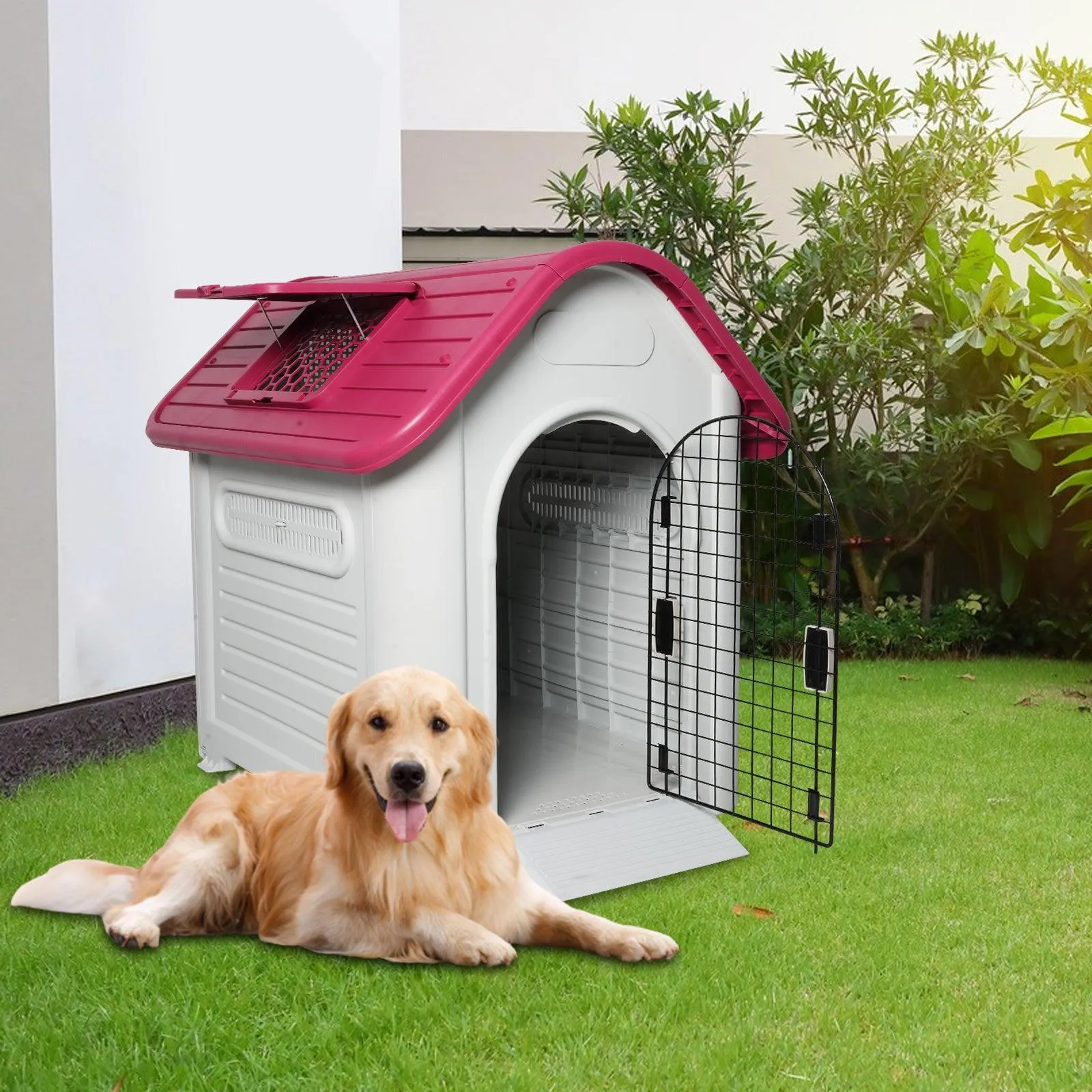 Outdoor Dog House Plastic Waterproof Kennel with Air Vents, 42"L x 33"W x 38"H, Red Roof