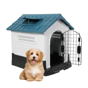 Outdoor Small Dog House Plastic Waterproof Kennel with Air Vents, 23.6"L x 18.9"W x 25.6"H, Blue Roof