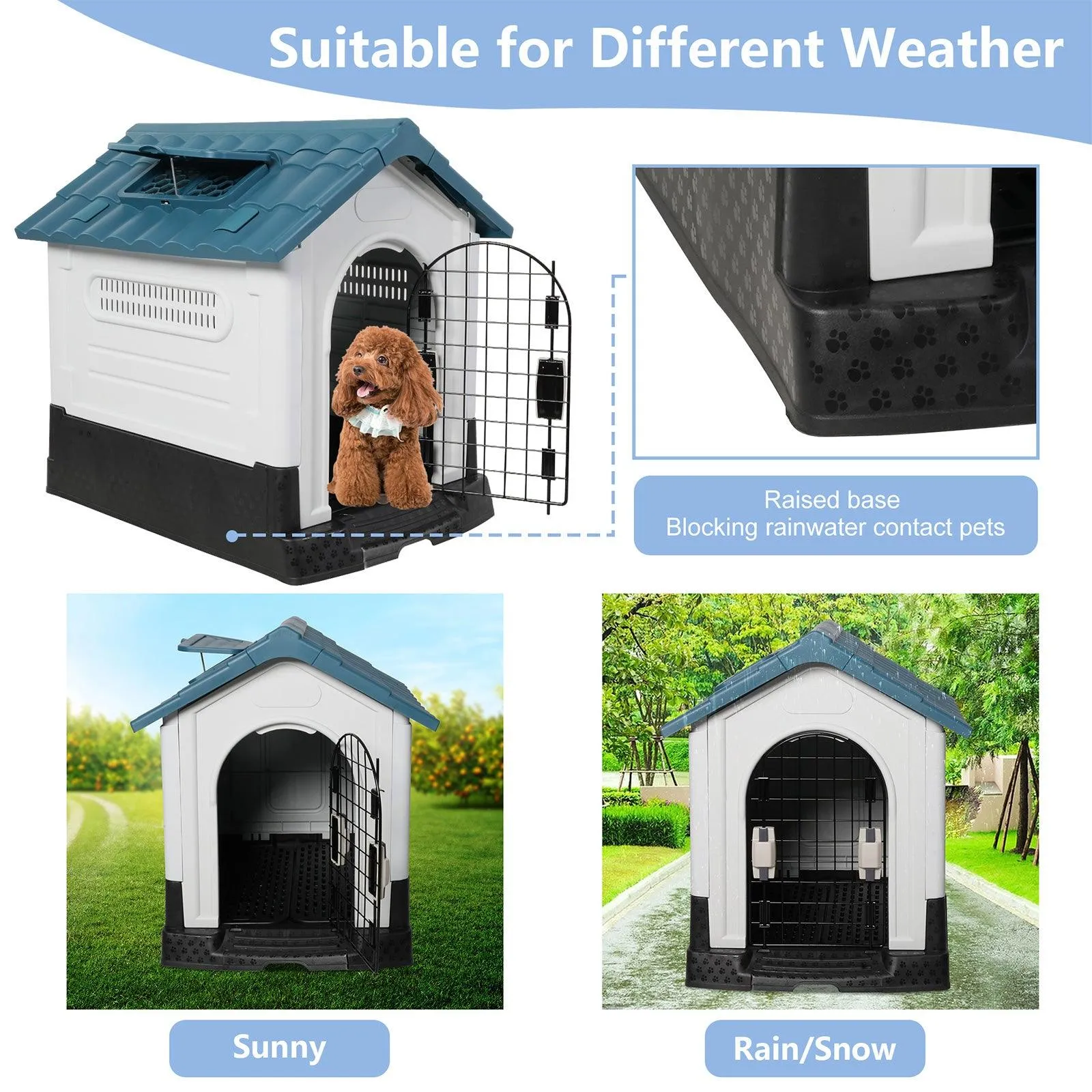 Outdoor Small Dog House Plastic Waterproof Kennel with Air Vents, 23.6"L x 18.9"W x 25.6"H, Blue Roof