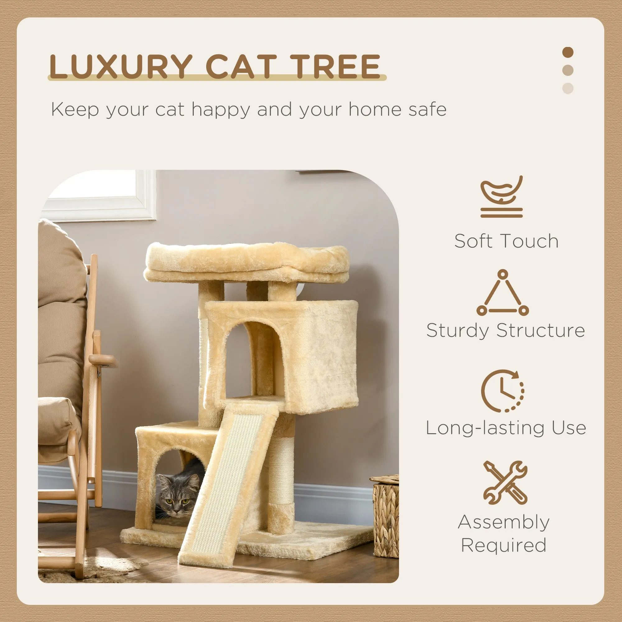 Sisal Cat Rest & Play Activity Tree w/ 2 House Cream White