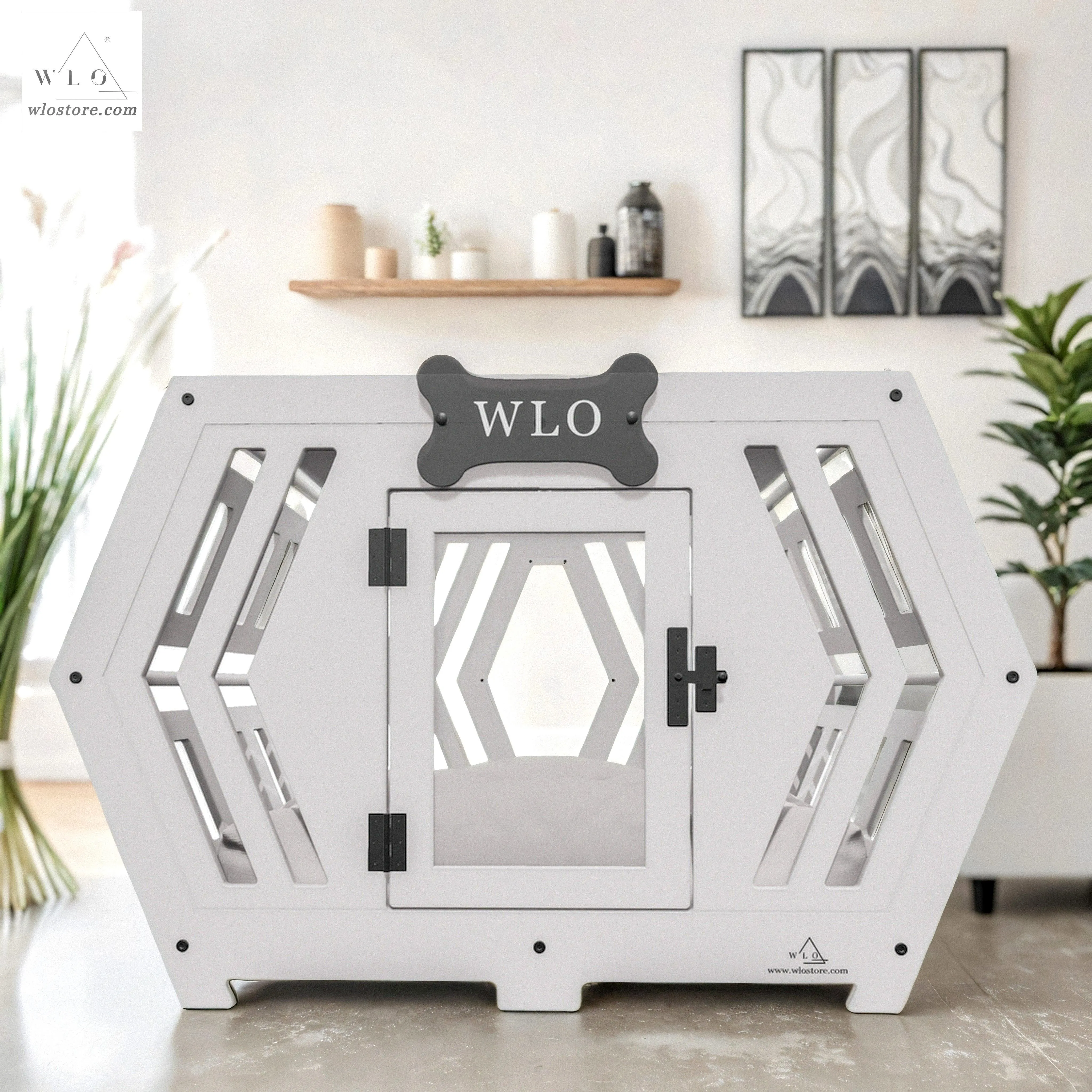 WLO® White Hexxon Modern Dog Crate